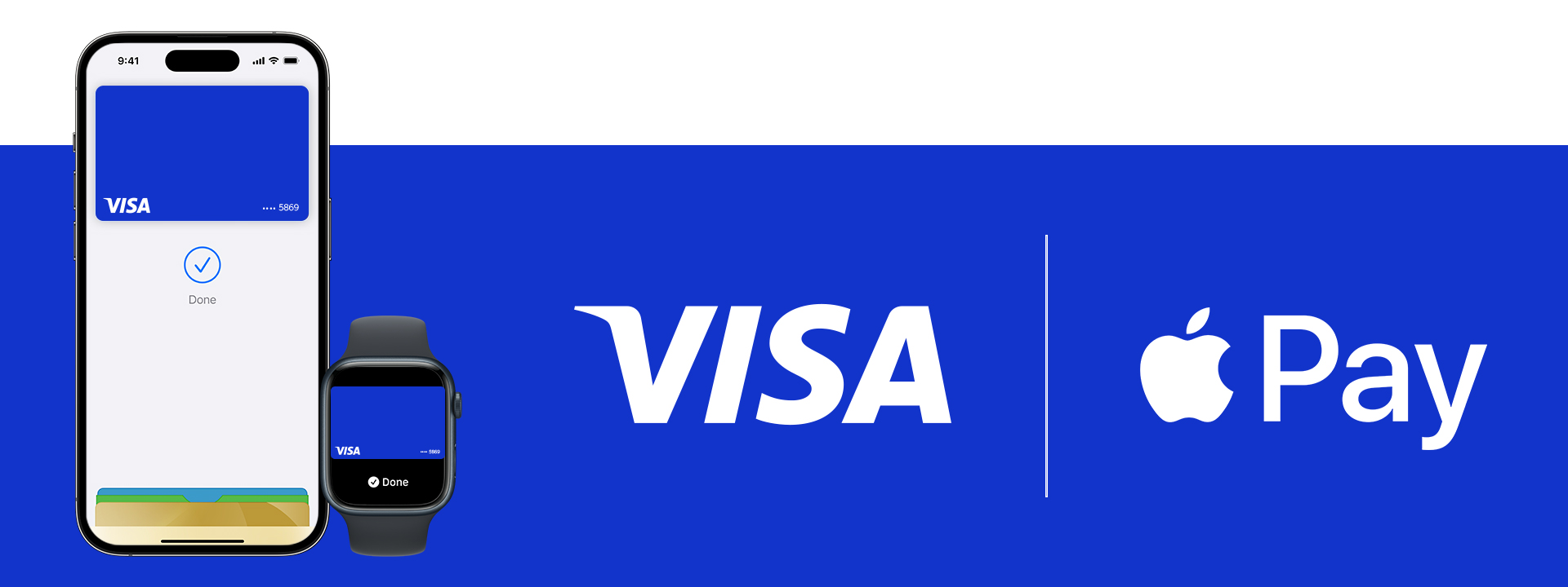 Apple Pay app on the phone, Apple watch, and logos of Visa and Apple Pay