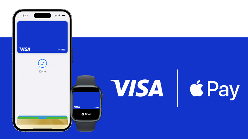 Apple Pay app on the phone, Apple watch, and logos of Visa and Apple Pay